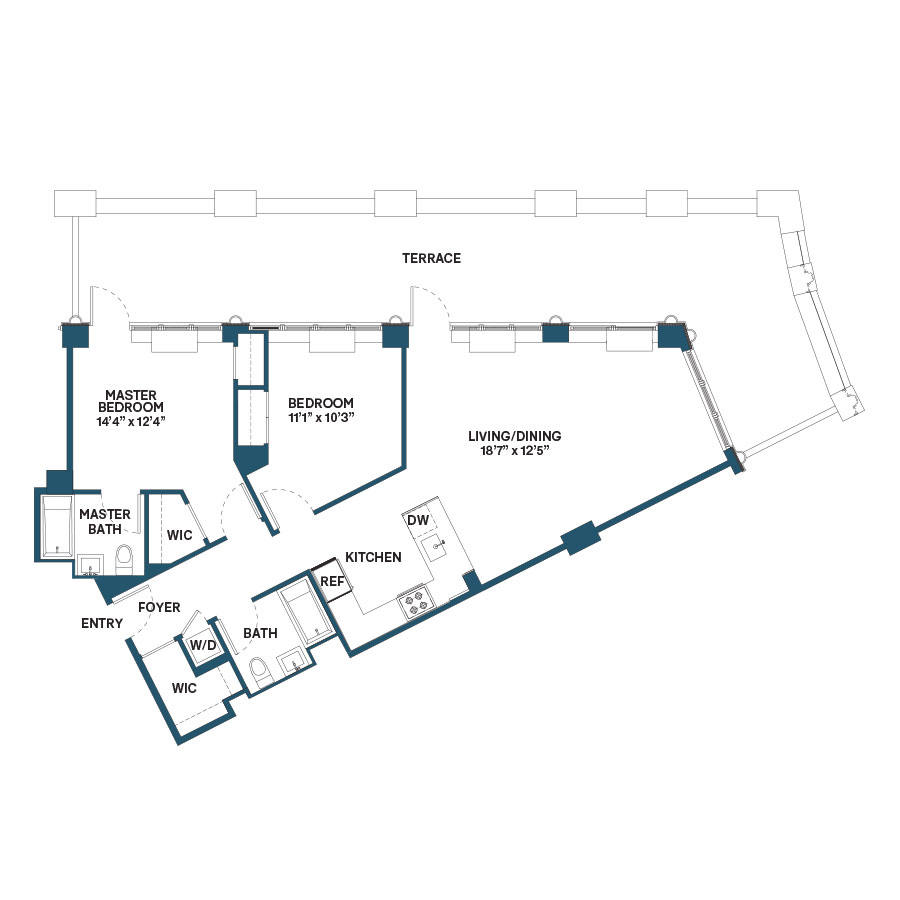 Floor plan for 2 beds, 2 baths